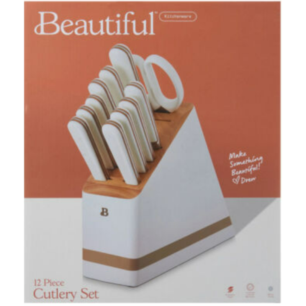 Beautiful 12 Piece Forged Kitchen Knife Set In White With Wood Storage Block By Drew Barrymore 7918